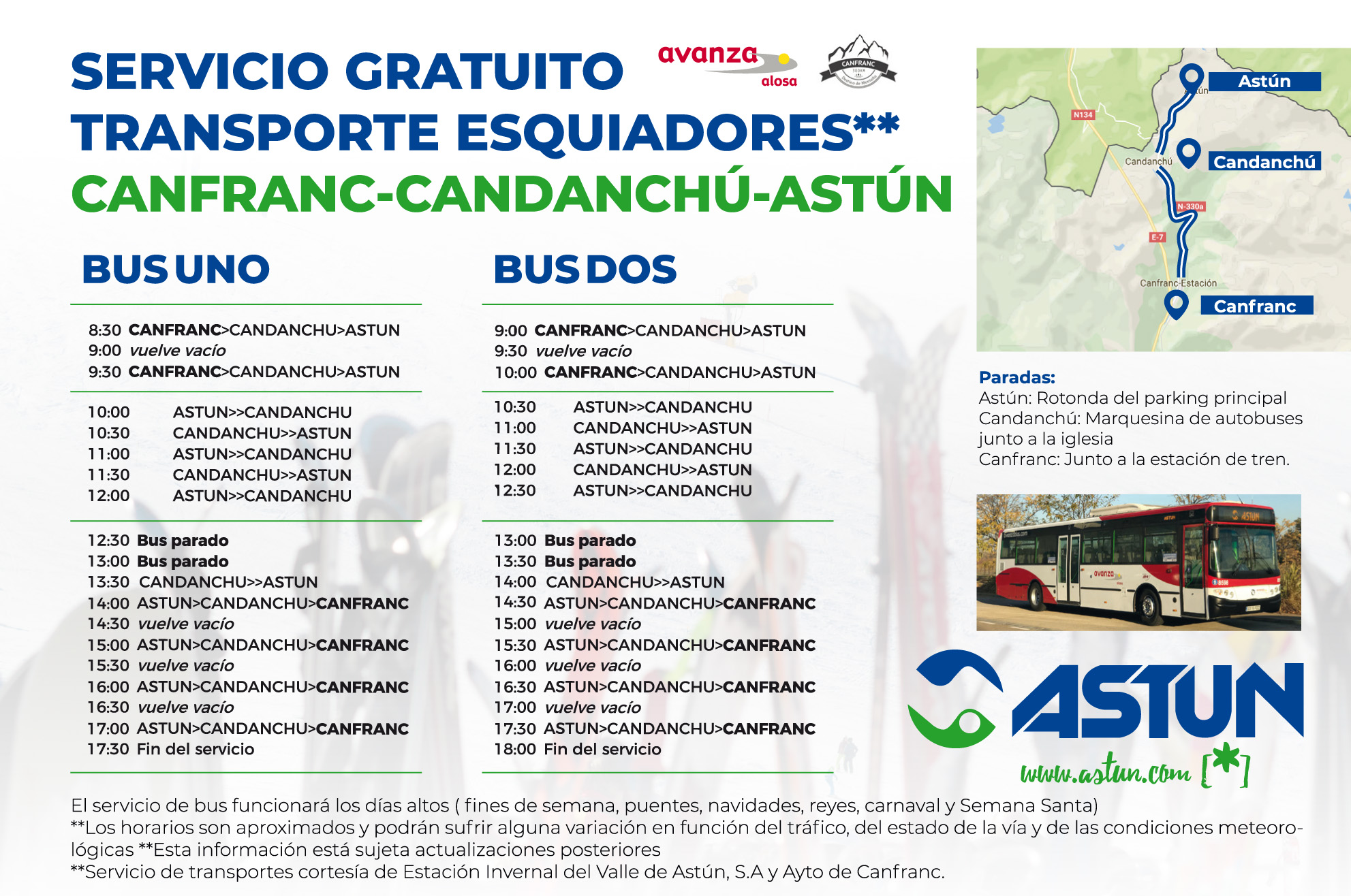 Servicio de autobuses gratuitos Canfranc-Candanchú-Astún durante fines de semana y periodos vacacionales; se adjunta cartel informativo.