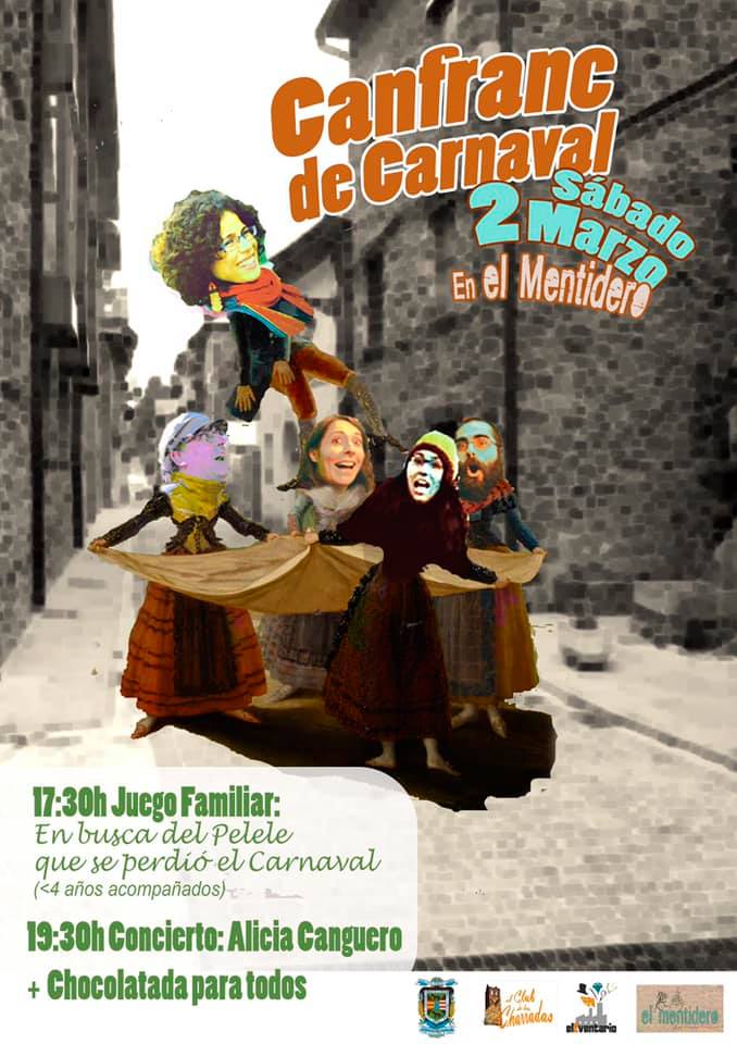  17.30 Juego familiar "En busca del Pelele que se perdió el Carnaval"  (menores de 4 años acompañados)  19.30 Concierto con Alicia Canguero y chocolatada para todos