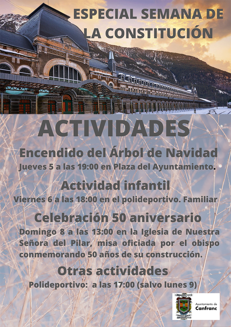 Encendido del árbol, día 5 a las 19h en la Plaza del Ayuntamiento  Actividades infantiles, día 6 a las 18h en el Polideportivo  Domingo 8, 13h en la Iglesia del Pilar, celebración 50 aniversario de su construcción. Misa oficiada por el Obispo.  Otras actividades en el Polideportivo a las 17h, salvo el lunes 9