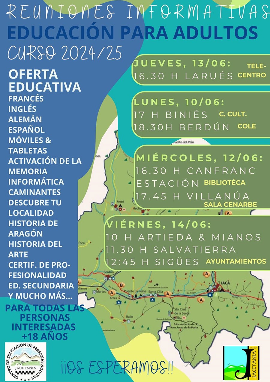 El próximo miércoles 12 de Junio a las 16:30 en la biblioteca "Jose Luis Sampedro" de Canfranc, habrá una reunión informativa sobre el curso 2024/2025 de educación de adultos. Todas las personas interesadas pueden acudir directamente