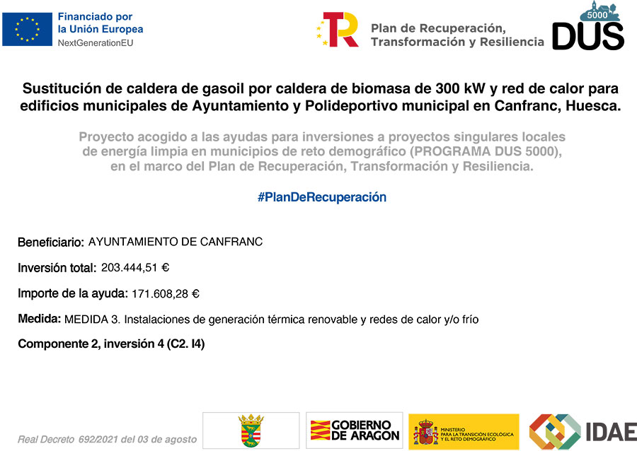 Subvencionan 171.608,28 &euro; de 203.444,51 &euro; de inversi&oacute;n total, y produciendo un ahorro de 249.819,36 kWh que corresponde a un ahorro de 66,31 teqCO2/a&ntilde;o, ahorro econ&oacute;mico de 17.875,41 &euro; de ahorro econ&oacute;mico anual. https://go.getscreen.me/CanfrancReddeCalorBiomasa Contrase&ntilde;a: 2026